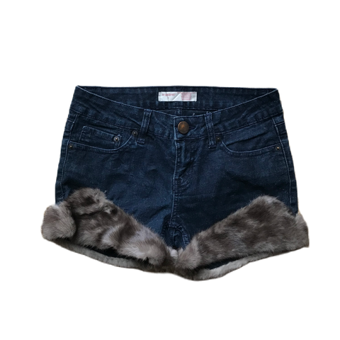 Grey Dark Wash Fur Trim Denim Shorts