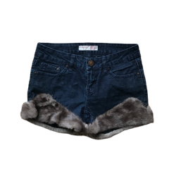 Grey Dark Wash Fur Trim Denim Shorts