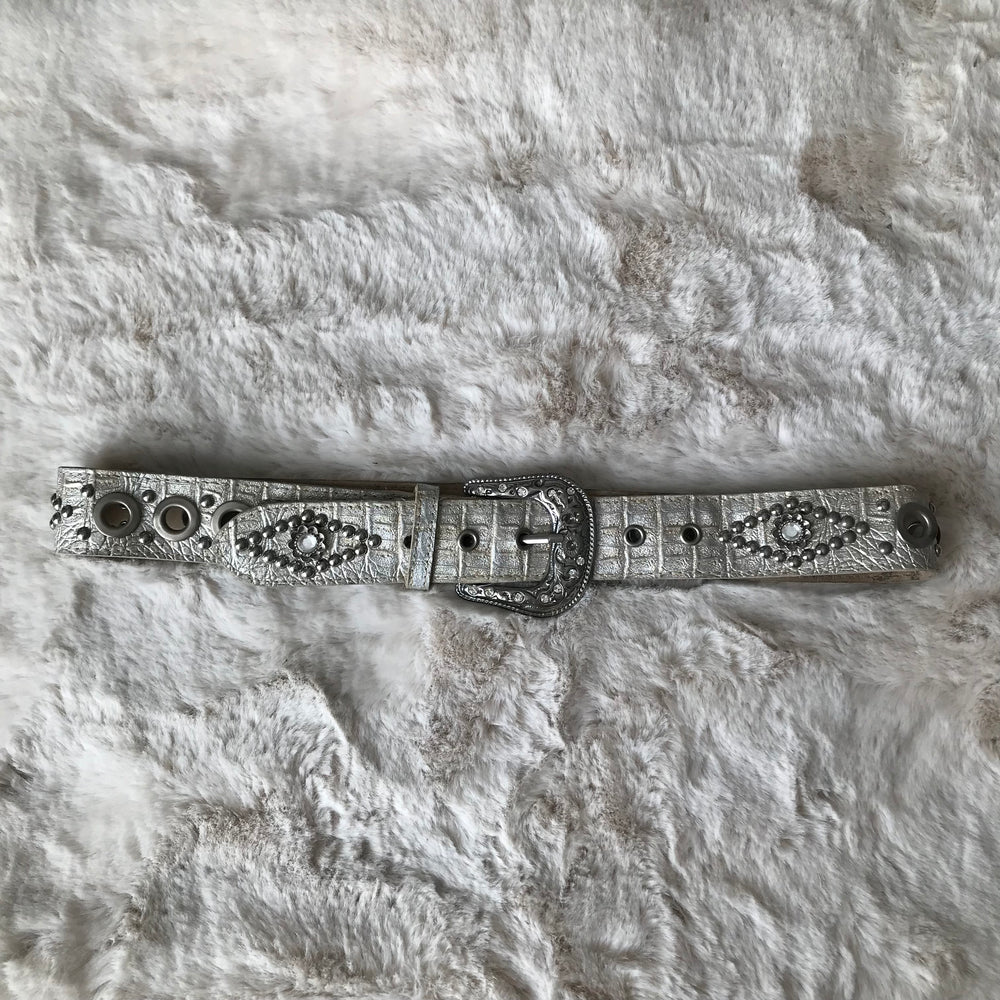 Silver Leather Rhinestone Belt