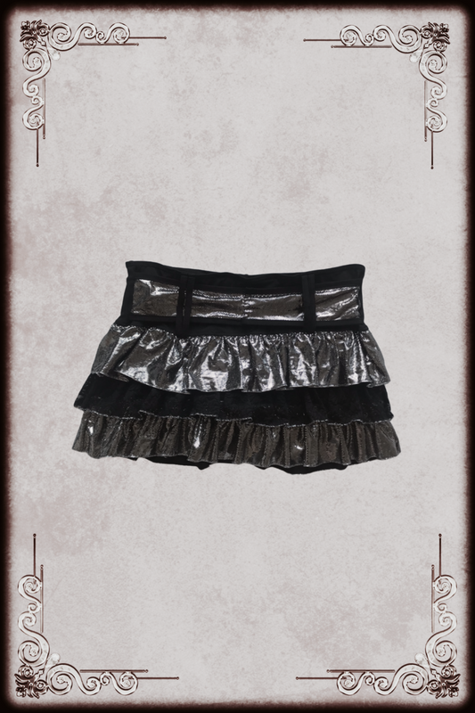 Shiny Silver & Black Ruffle Mini Skirt