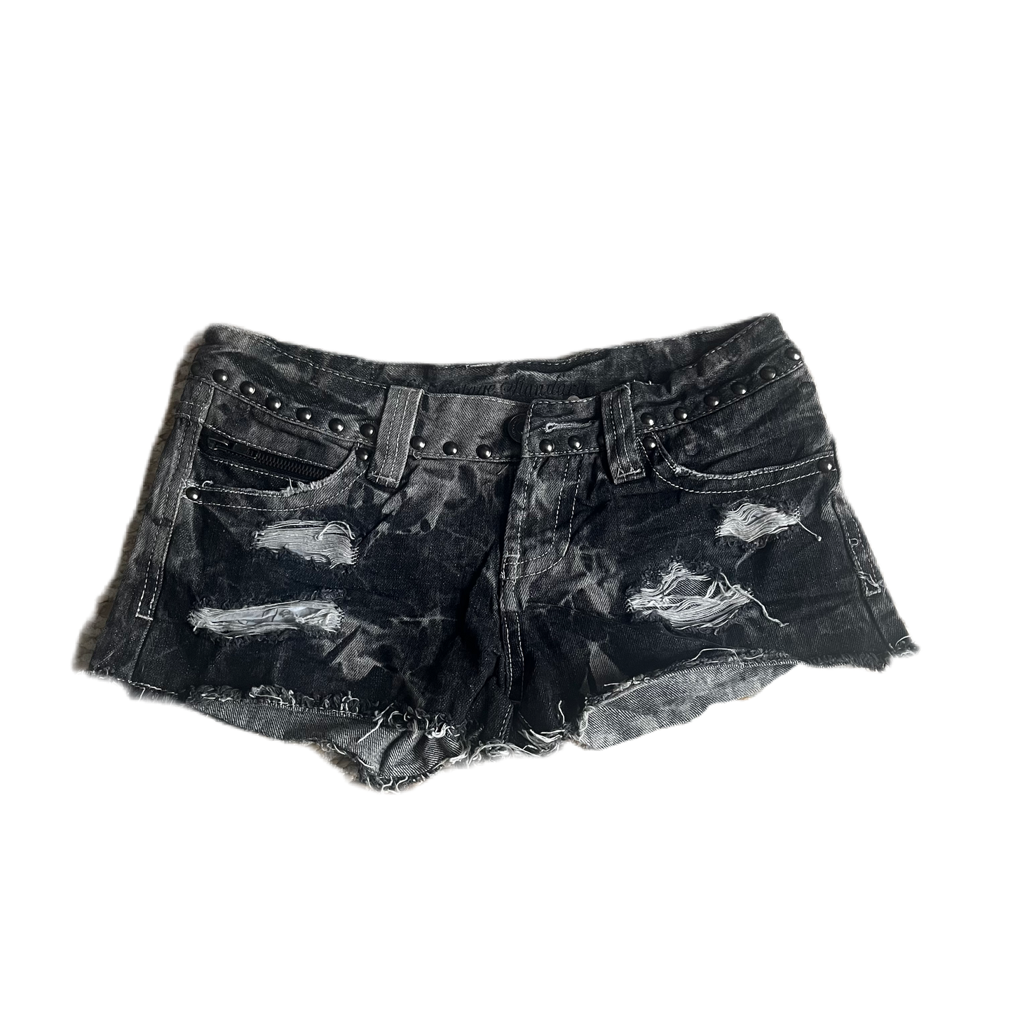 Grey Acid Wash Zipper Detail Stud Shorts