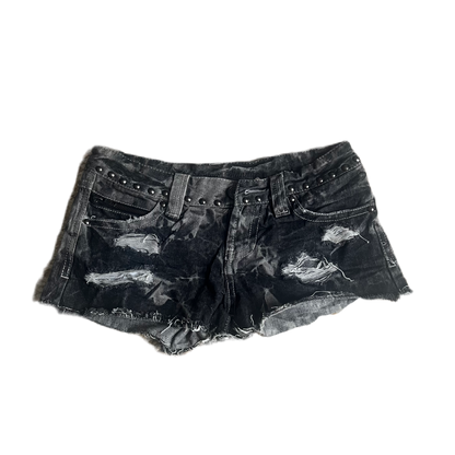 Grey Acid Wash Zipper Detail Stud Shorts