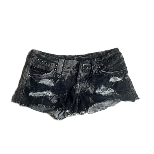 Grey Acid Wash Zipper Detail Stud Shorts
