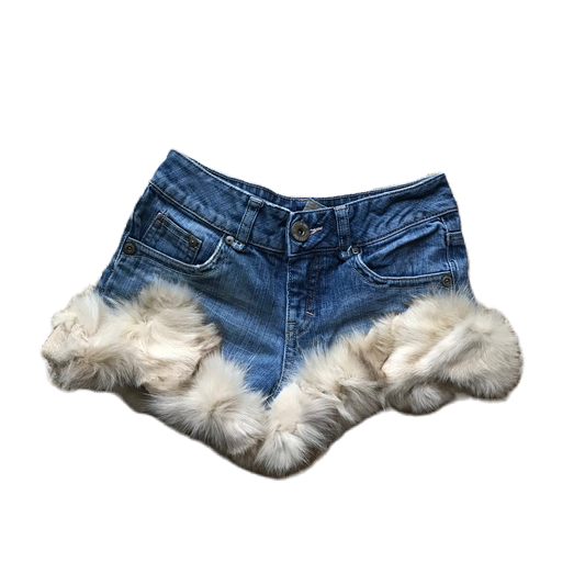 Asymmetrical Fur Trim Denim Shorts