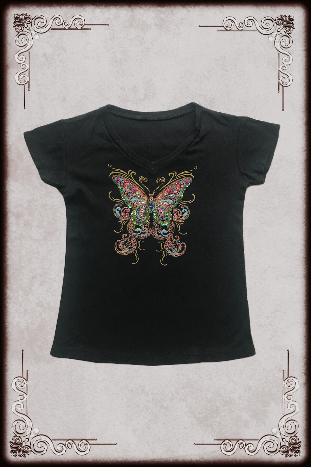Black Colorful Sequin Butterfly Graphic Tee