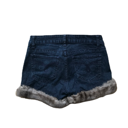 Grey Dark Wash Fur Trim Denim Shorts
