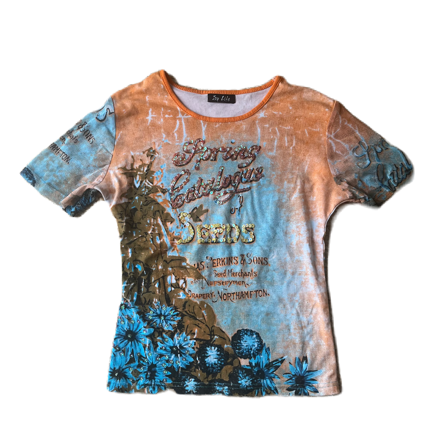 Sequin Vintage Print Orange & Blue Top
