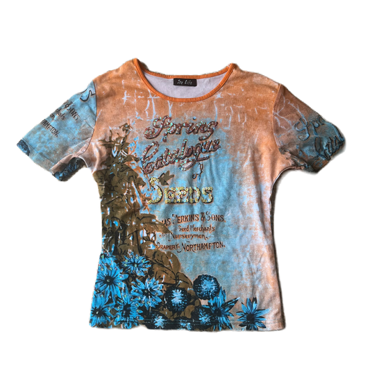 Sequin Vintage Print Orange & Blue Top