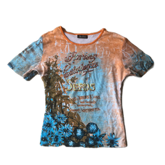 Sequin Vintage Print Orange & Blue Top