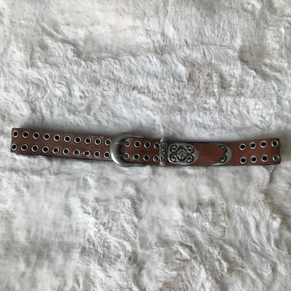 Brown Flower Detail Leather Belt