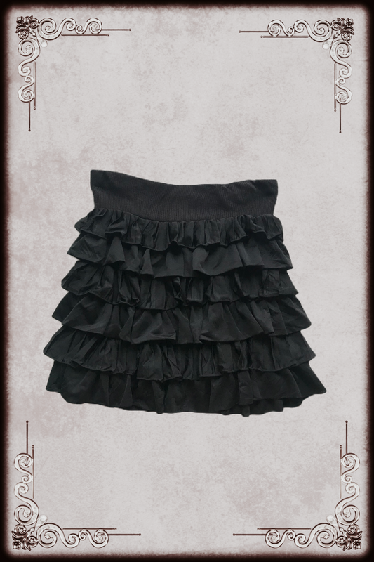 Mignon Ribbed Knit Waist Black Ruffle Skirt