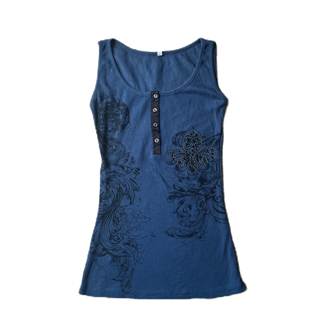 Dark Blue Ribbed Graphic Print Tank Top