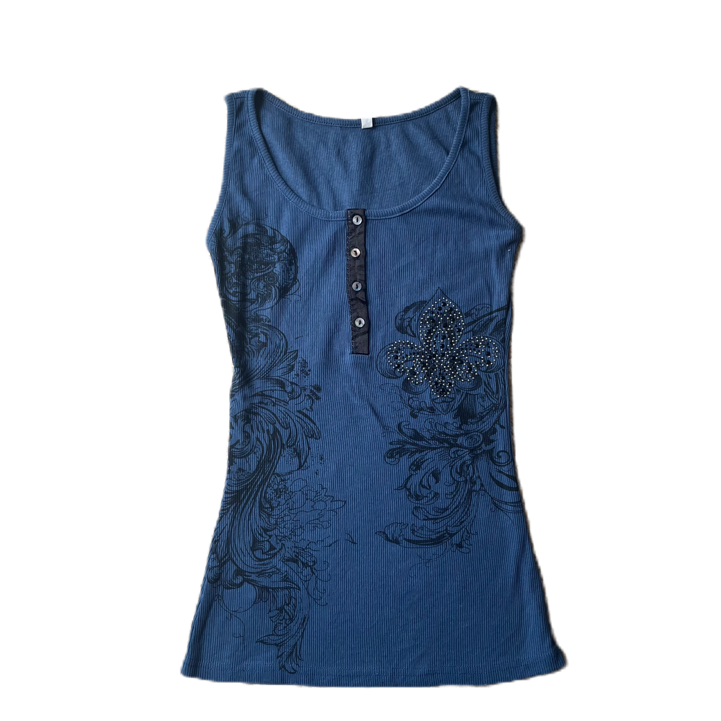 Dark Blue Ribbed Graphic Print Tank Top