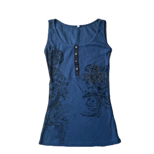 Dark Blue Ribbed Graphic Print Tank Top