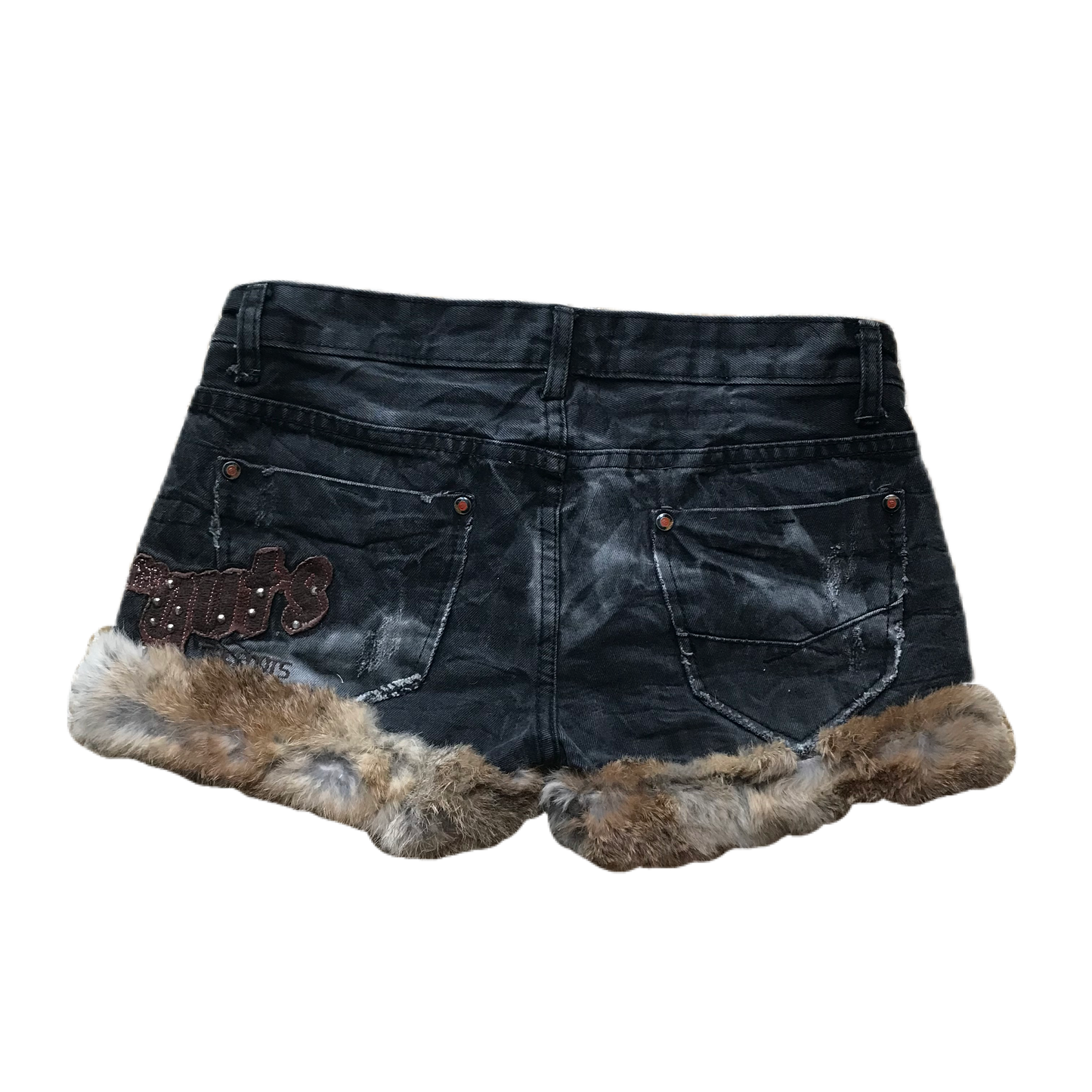 Patch Studded Fur Trim Denim Shorts