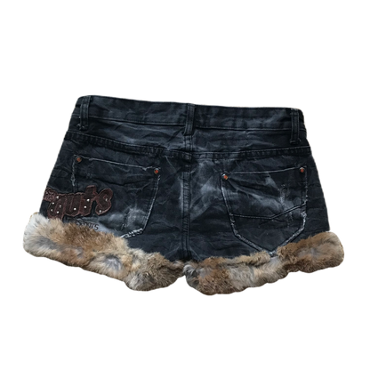 Patch Studded Fur Trim Denim Shorts