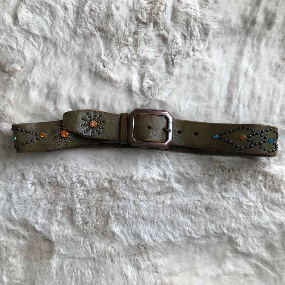 Dark Olive Rhinestone Leather Belt