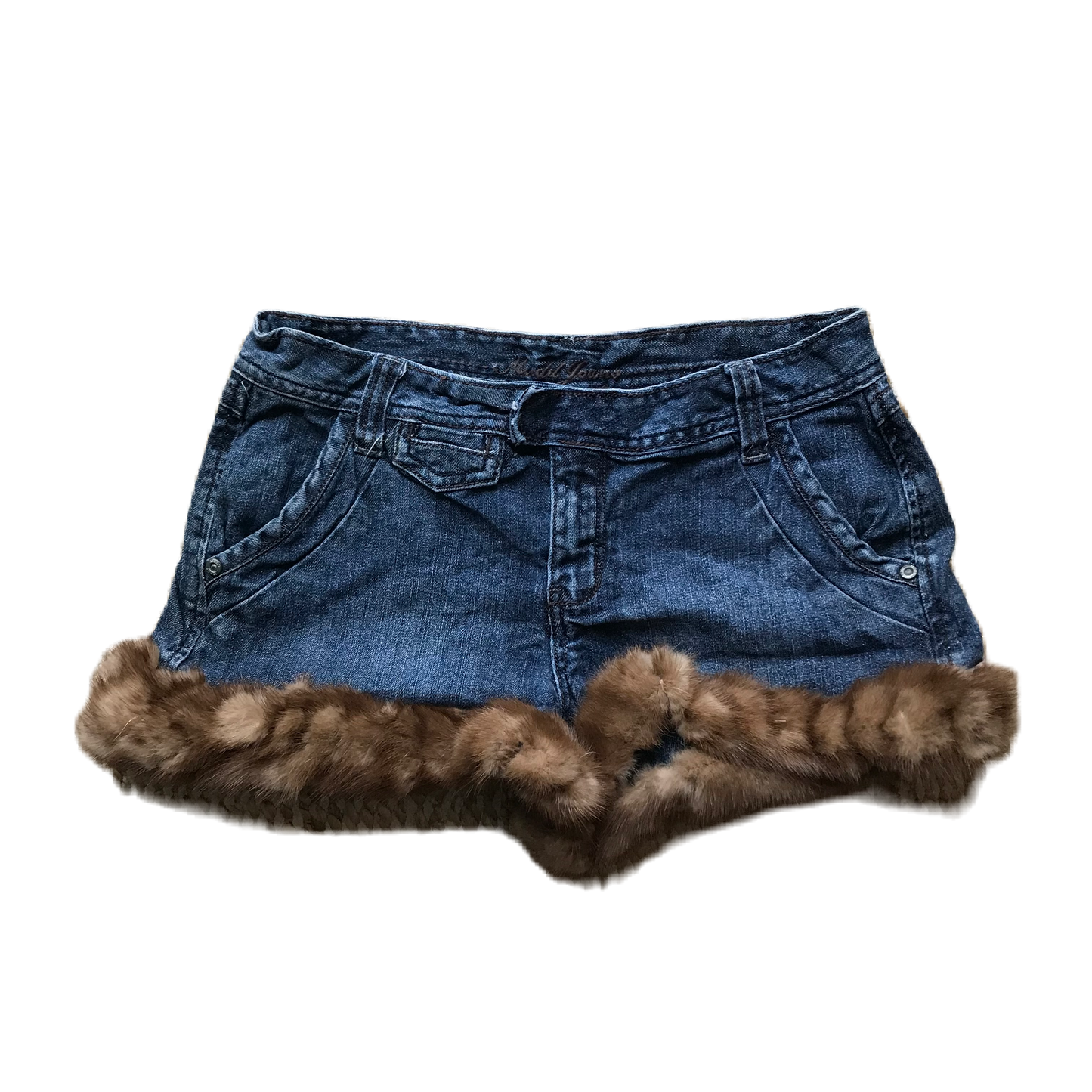 Dark Wash Light Brown Fur Trim Denim Shorts