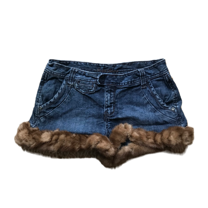 Dark Wash Light Brown Fur Trim Denim Shorts