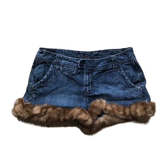 Dark Wash Light Brown Fur Trim Denim Shorts