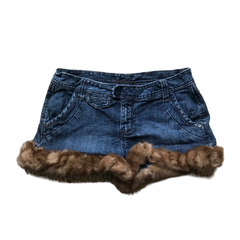 Dark Wash Light Brown Fur Trim Denim Shorts