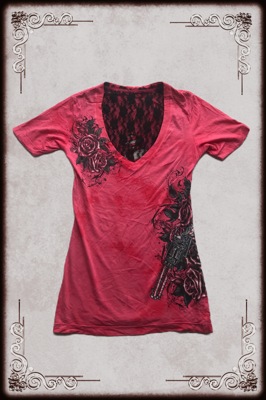 Pink & Black Tattoo Graphic Lace V-neck Tee