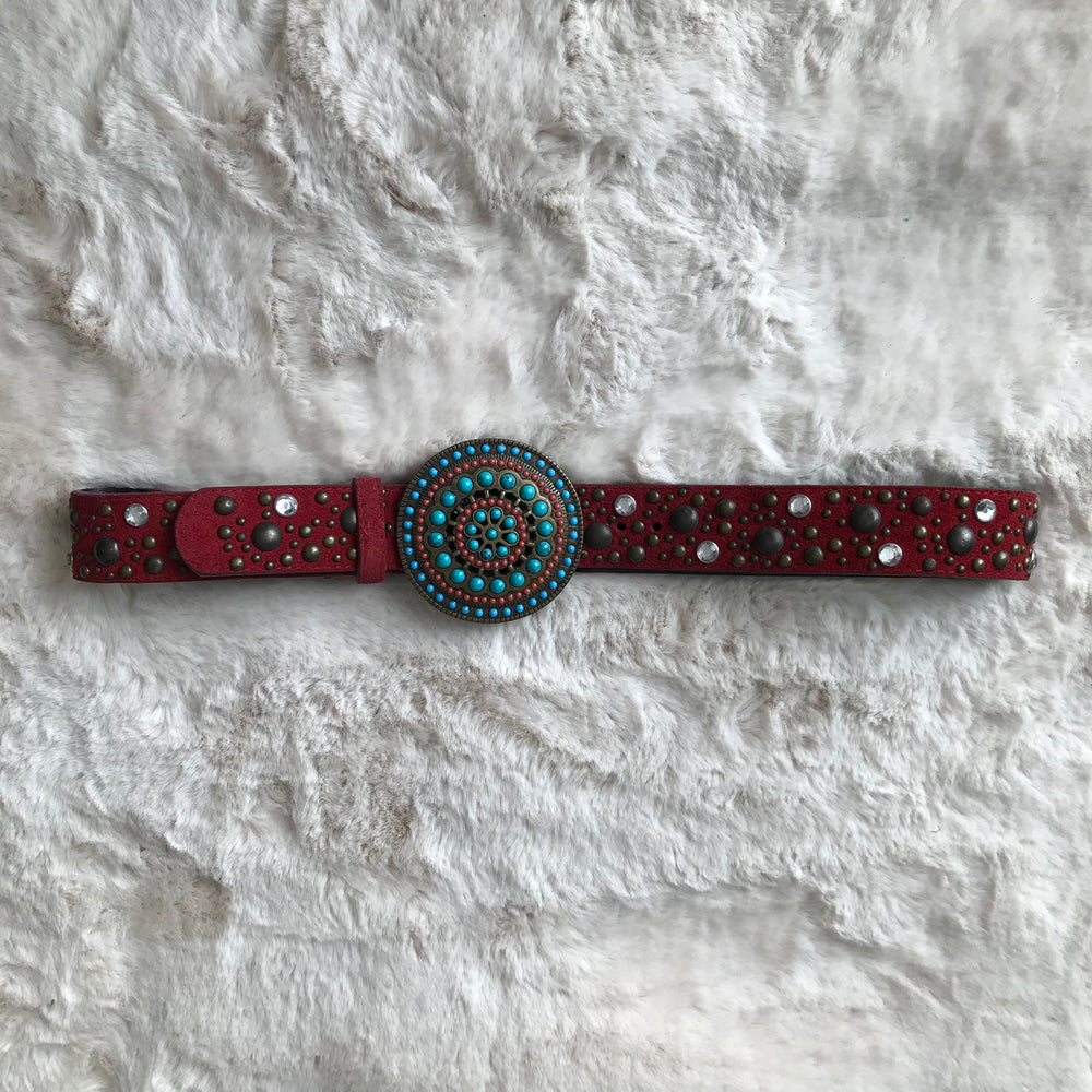 Red & Turquoise Suede Rhinestone Belt