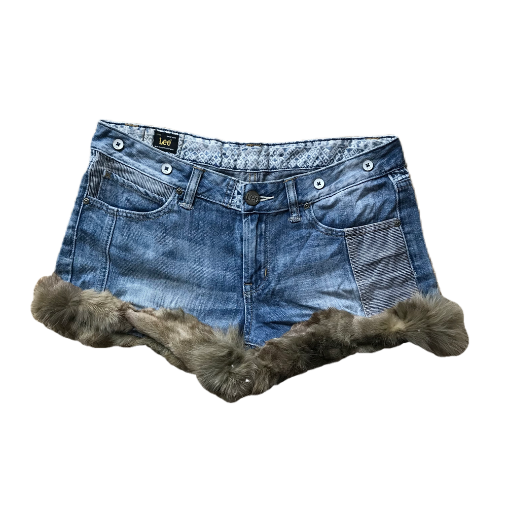 Light Wash Denim Fur Trim Shorts