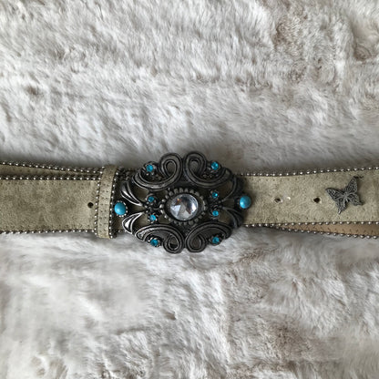 Cream & Turquoise Leather Butterfly Belt