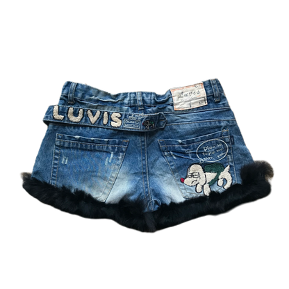 Luvis Jeans Dog Patch Fur Trim Denim Shorts