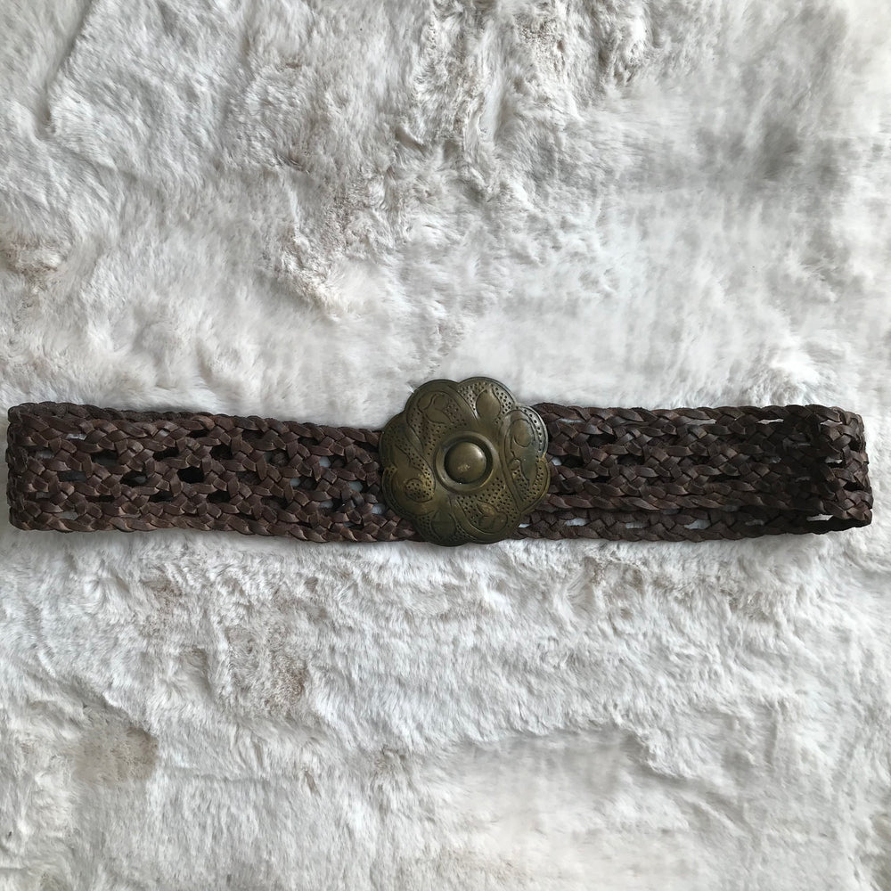 Brown Woven Brass Flower Buckle Belt