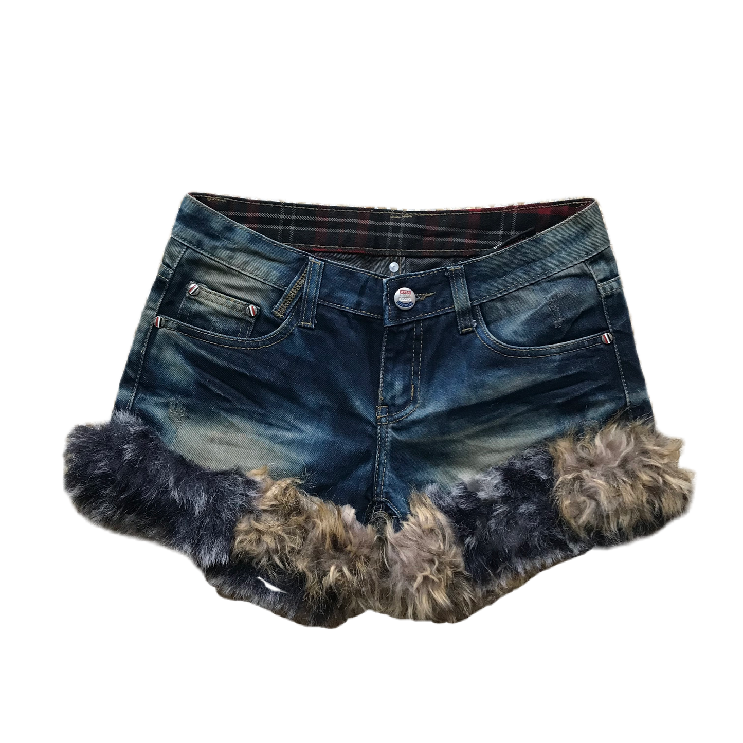 Black & Brown Dark Wash Fur Trim Denim Shorts