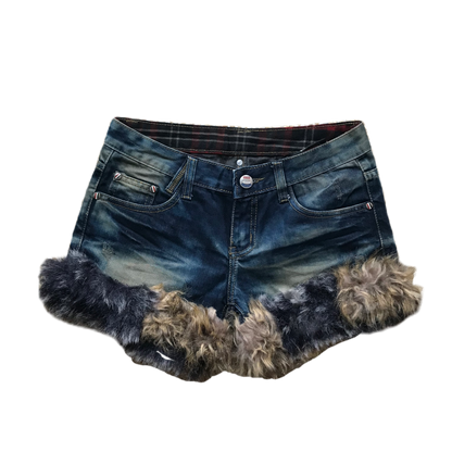 Black & Brown Dark Wash Fur Trim Denim Shorts