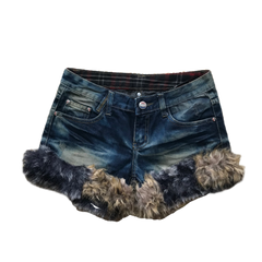 Black & Brown Dark Wash Fur Trim Denim Shorts