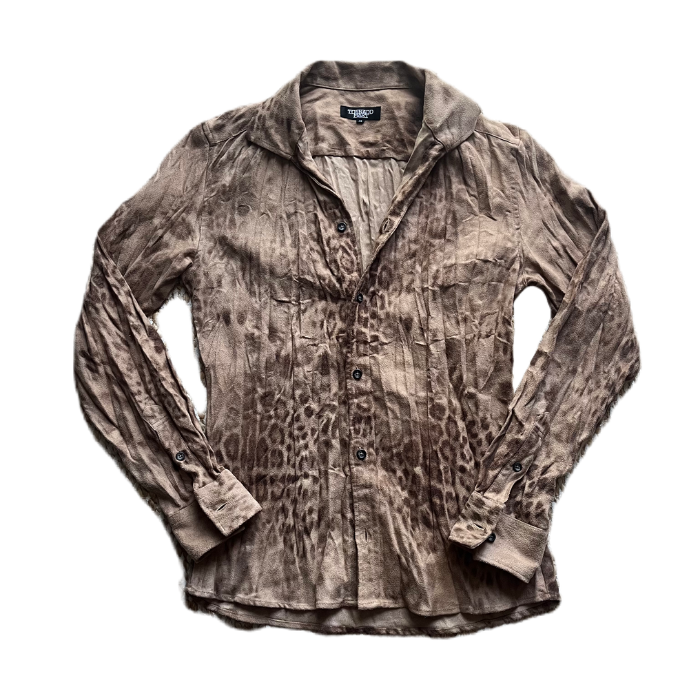 Tornado Mart Tan Wrinkled Suedette Leopard Print Button Down Shirt