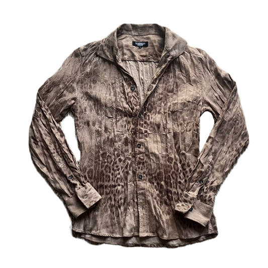 Tornado Mart Tan Wrinkled Suedette Leopard Print Button Down Shirt