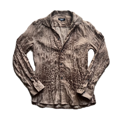 Tornado Mart Tan Wrinkled Suedette Leopard Print Button Down Shirt