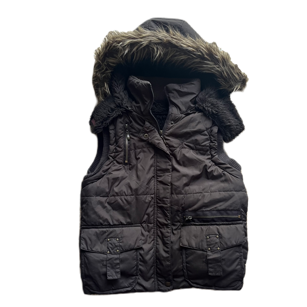 Fur Trim Hooded Brown Gilet