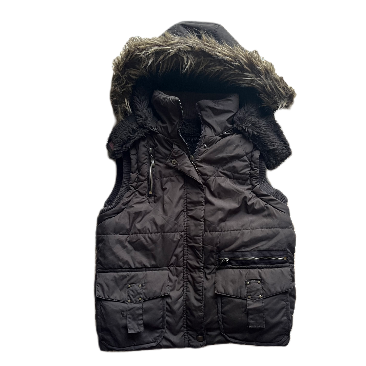 Fur Trim Hooded Brown Gilet