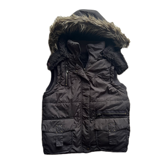 Fur Trim Hooded Brown Gilet