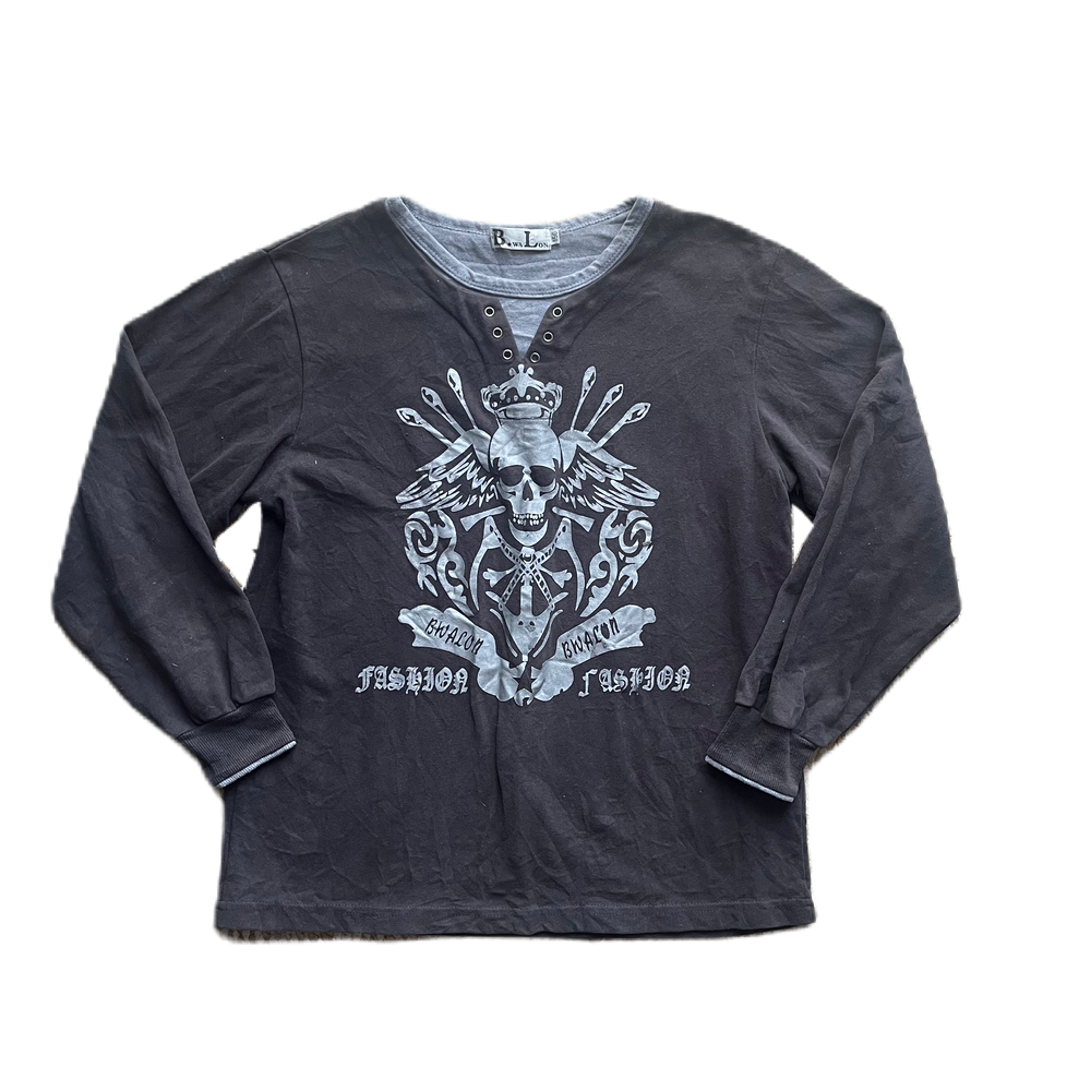 Grey & Silver 3/4 Sleeve Skull Graphic Sweater