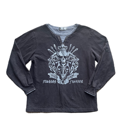 Grey & Silver 3/4 Sleeve Skull Graphic Sweater