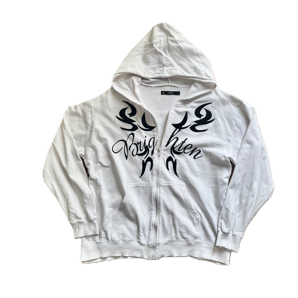 White & Black Rhinestone Back Lettering Zip Hoodie