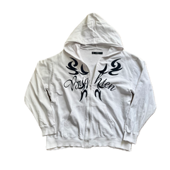 White & Black Rhinestone Back Lettering Zip Hoodie