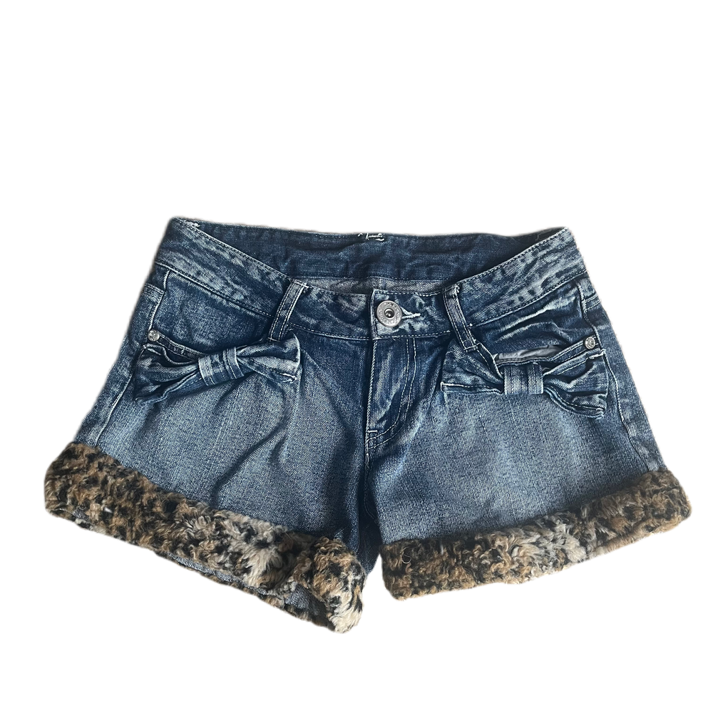Bow Detail Leopard Fur Trim Denim Shorts