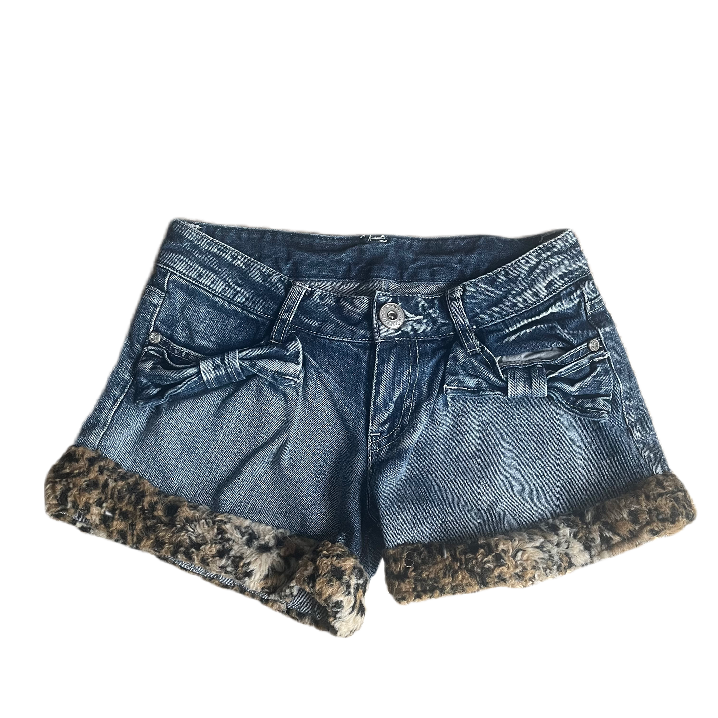 Bow Detail Leopard Fur Trim Denim Shorts