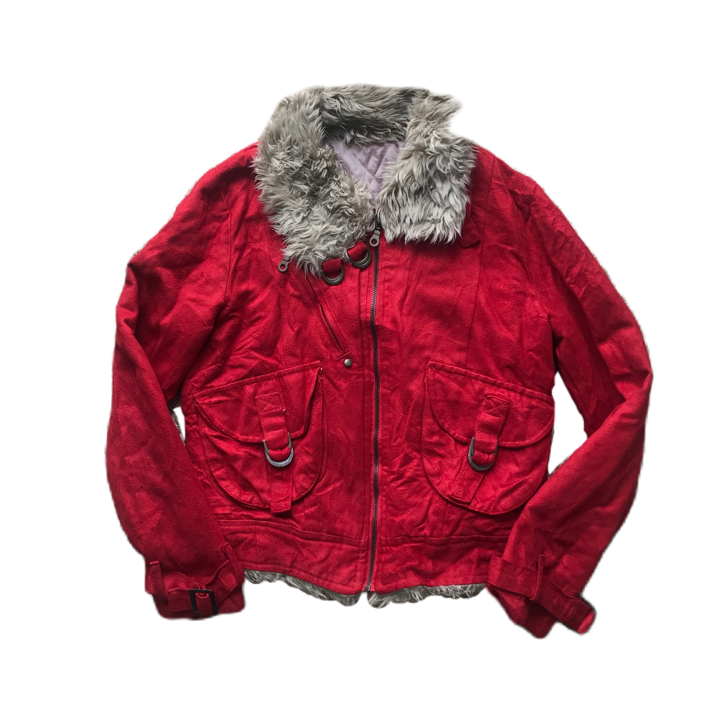Red & Beige Fur Collar Trim Jacket