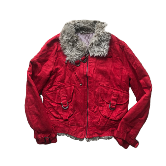 Red & Beige Fur Collar Trim Jacket