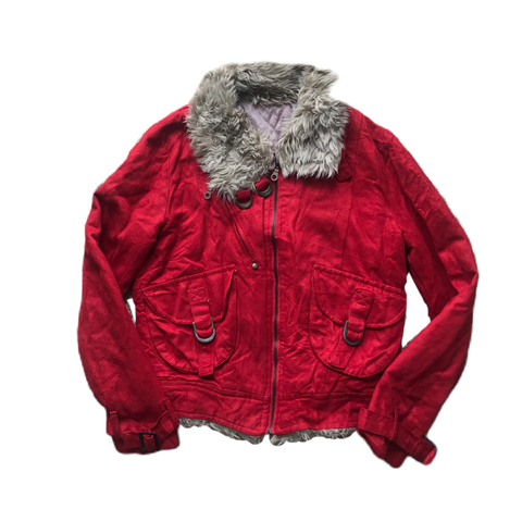 Red & Beige Fur Collar Trim Jacket