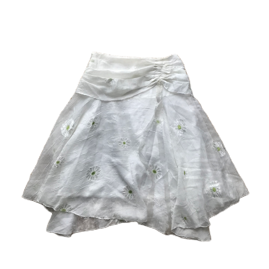 White Daisy Flower Embroidered Midi Skirt
